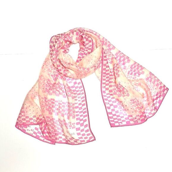Vera Neumann Large Silk Chiffon Rectangle Scarf Pink Ivory Hand Rolled 27x68” - Picture 2 of 11